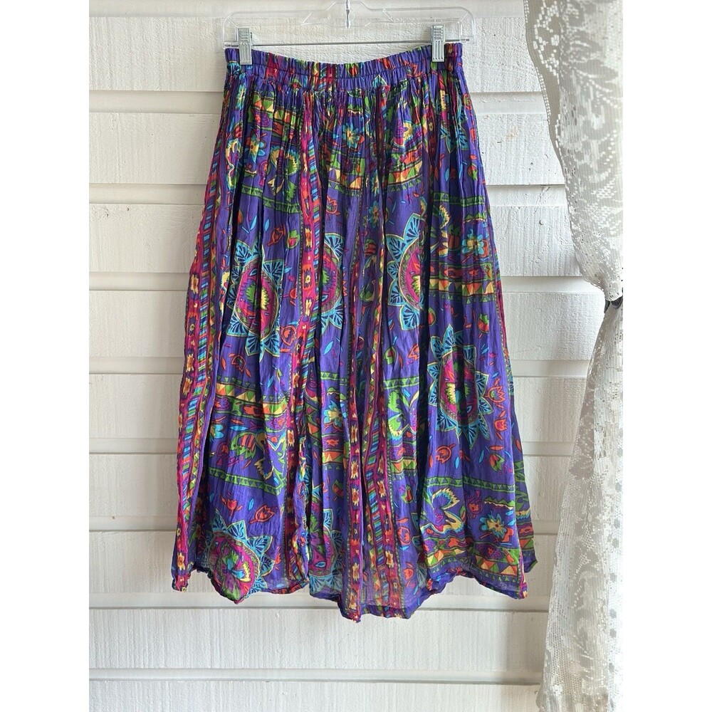 Vintage 90's Boho Skirt Blue Cabana M Bright Purple Floral Maxi Skirt Crinkle